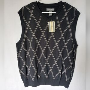 Saddlebred Mens Sweater Vest L Black/Gray/White Diamond Pattern